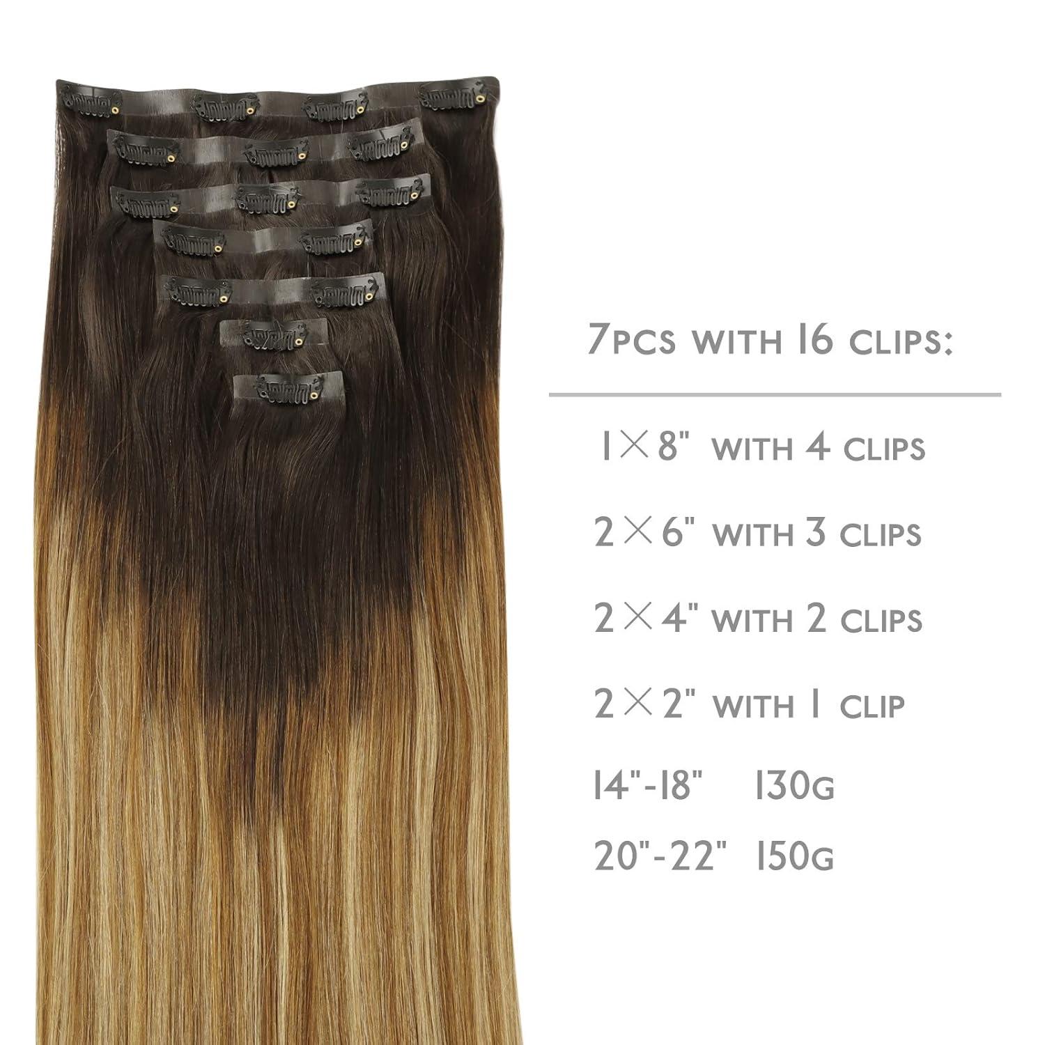 imageWENNALIFE Seamless Clip In Hair Extensions 16 Inch 130g 7pcs Dark Brown to Chestnut Brown and Dirty Blonde Hair Extensions Clip in Human Hair Invisible PU Skin Weft Remy Human Hair Extensions