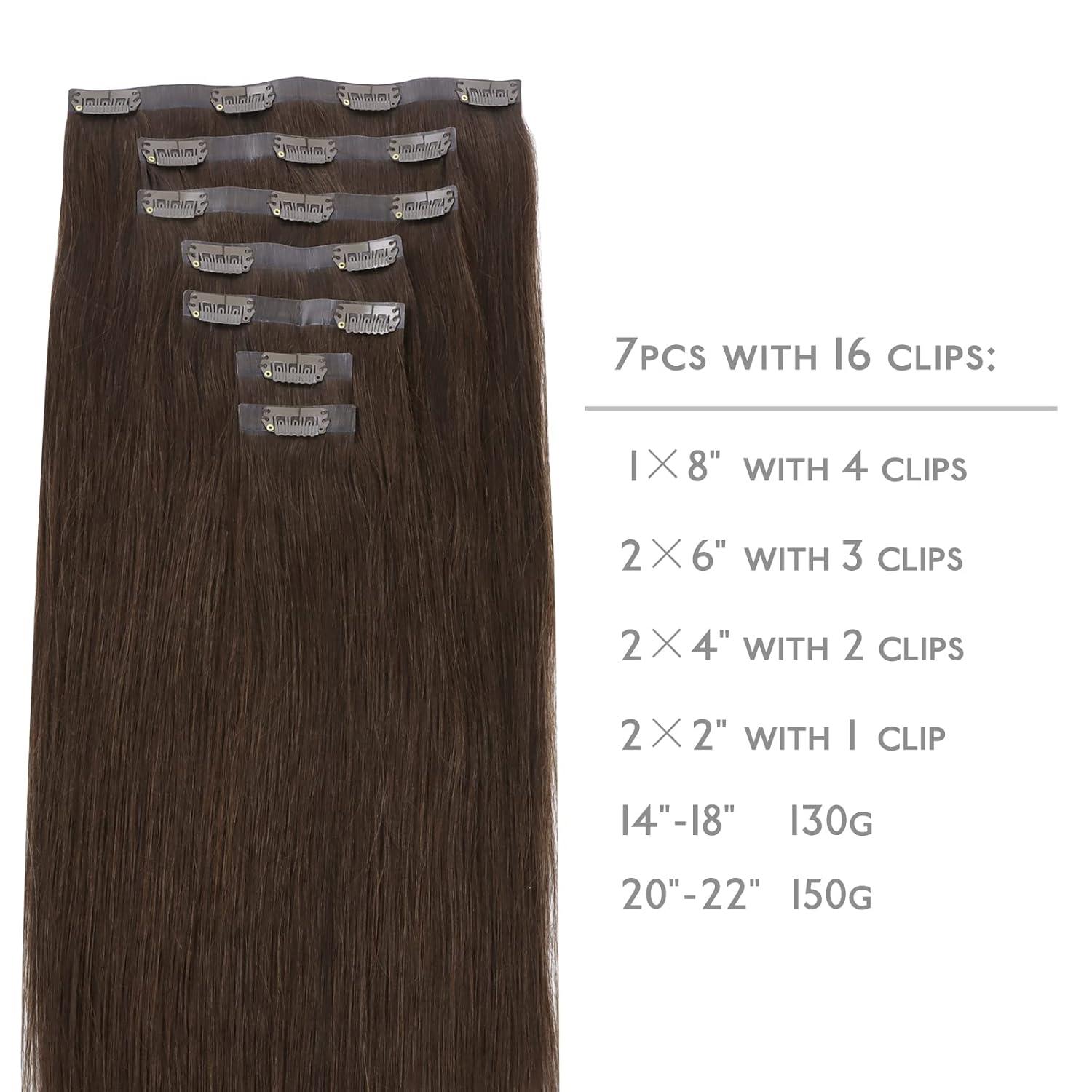imageWENNALIFE Seamless Clip In Hair Extensions 16 Inch 130g 7pcs Light Dark Brown Hair Extensions Clip in Human Hair Invisible PU Skin Weft Natural Remy Human Hair Extensions