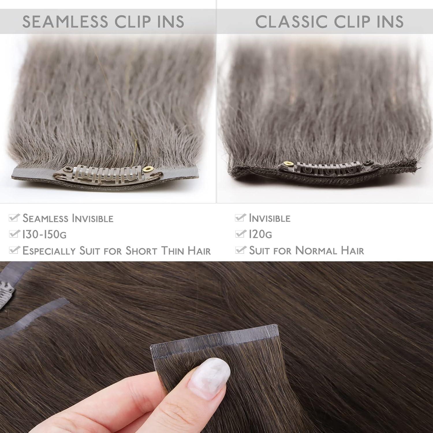 imageWENNALIFE Seamless Clip In Hair Extensions 16 Inch 130g 7pcs Light Dark Brown Hair Extensions Clip in Human Hair Invisible PU Skin Weft Natural Remy Human Hair Extensions