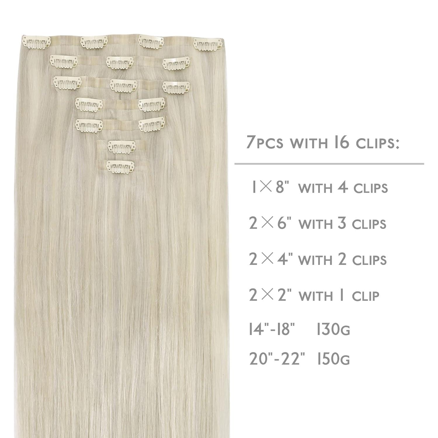 imageWENNALIFE Seamless Clip In Hair Extensions 16 Inch 7pcs 130g Ash Blonde Highlighted Platinum Blonde Hair Extensions Clip In Real Human Hair Extensions Clip In Invisible PU Weft Human Hair Extensions