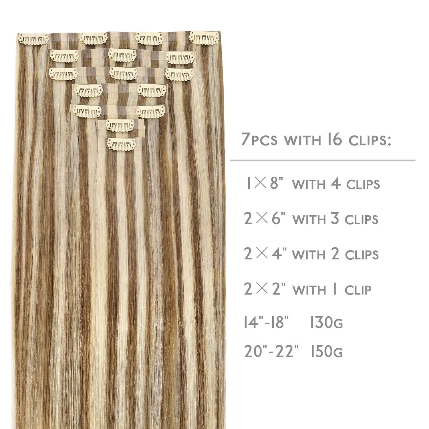 imageWENNALIFE Seamless Clip In Hair Extensions 18 Inch 7pcs 130g Ash Brown with Platinum Blonde Highlights Hair Extensions Clip In Real Human Hair Extensions Invisible PU Weft Hair