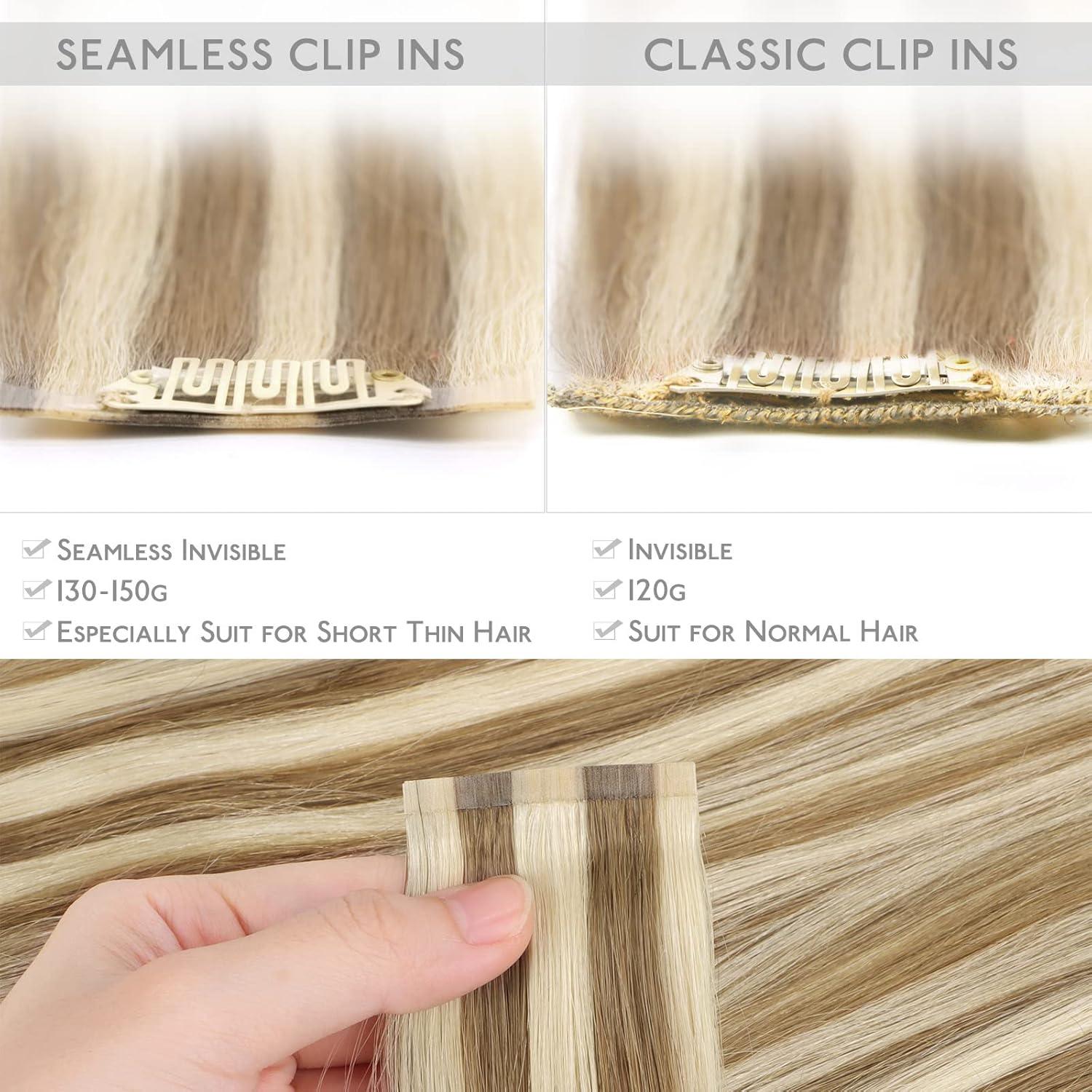 imageWENNALIFE Seamless Clip In Hair Extensions 18 Inch 7pcs 130g Ash Brown with Platinum Blonde Highlights Hair Extensions Clip In Real Human Hair Extensions Invisible PU Weft Hair