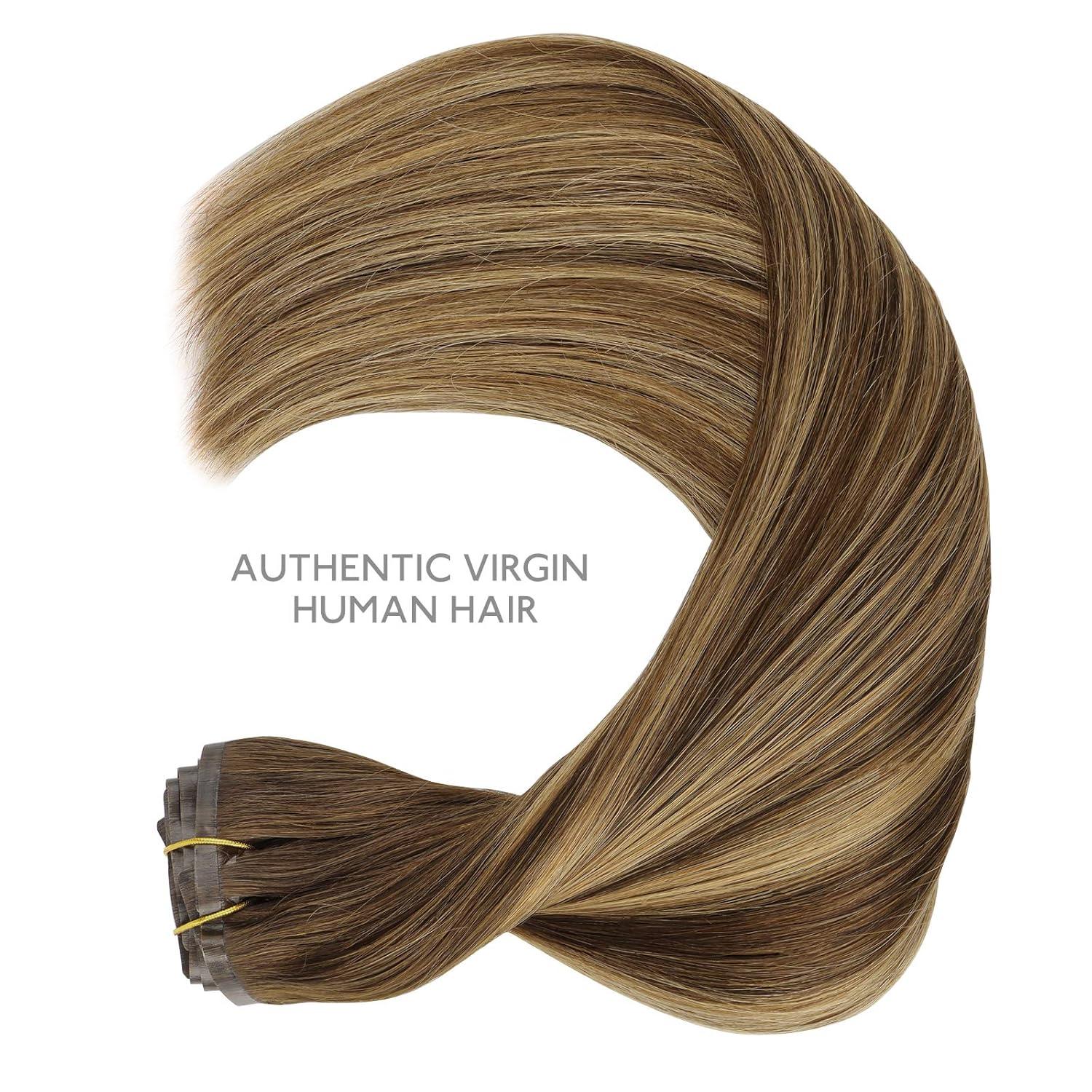 imageWENNALIFE Seamless Clip In Hair Extensions 20 Inch 150g 7pcs Balayage Chocolate Brown to Caramel Blonde Hair Extensions Clip In Human Hair Invisible PU Skin Weft Natural Remy Human Hair Extensions