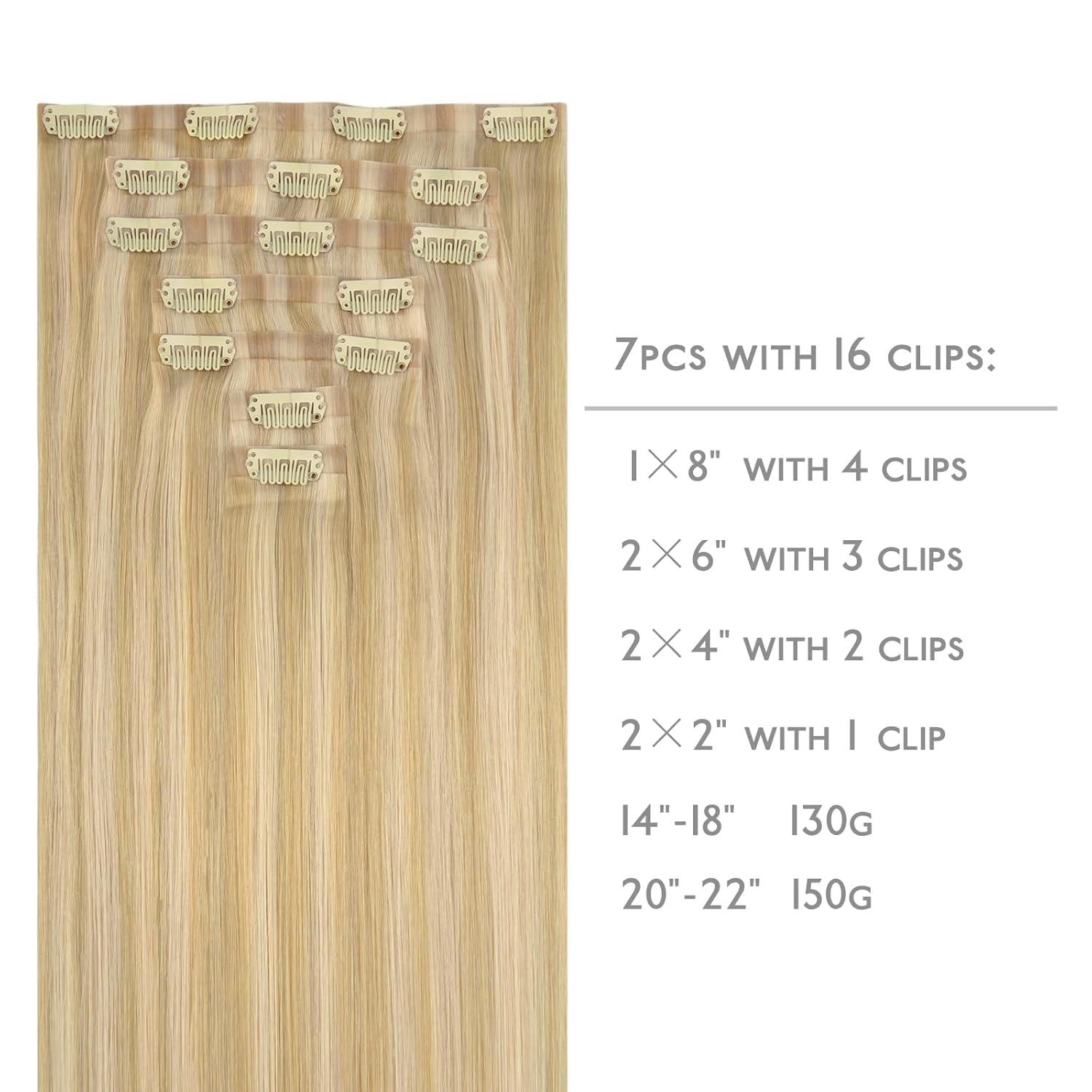 imageWENNALIFE Seamless Clip In Hair Extensions 20 Inch 7pcs 150g Light Blonde Highlighted Golden Blonde Hair Extensions Clip In Real Human Hair Extensions Invisible PU Weft Human