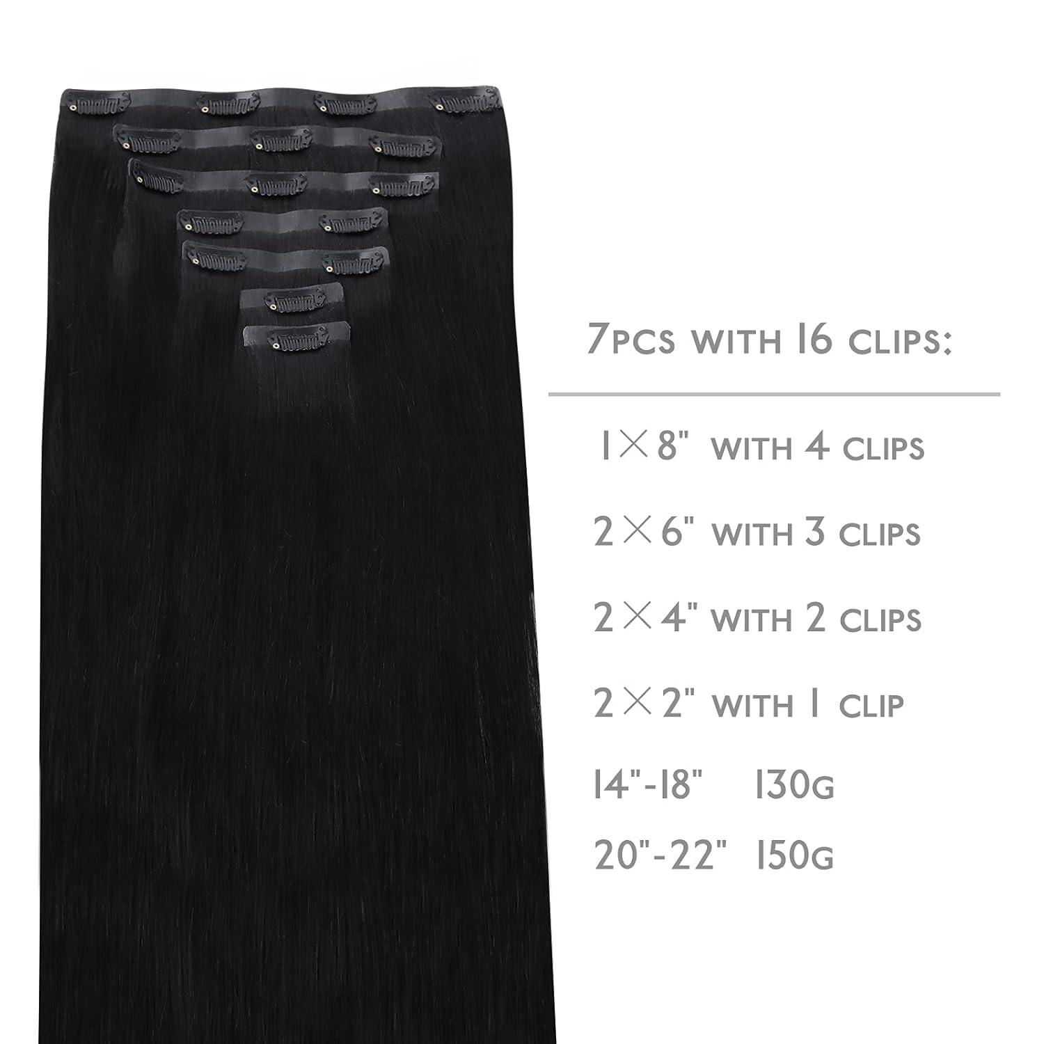 imageWENNALIFE Seamless Clip In Hair Extensions 22 Inch 150g 7pcs Jet Black Hair Extensions Clip in Human Hair Invisible PU Skin Weft Natural Remy Human