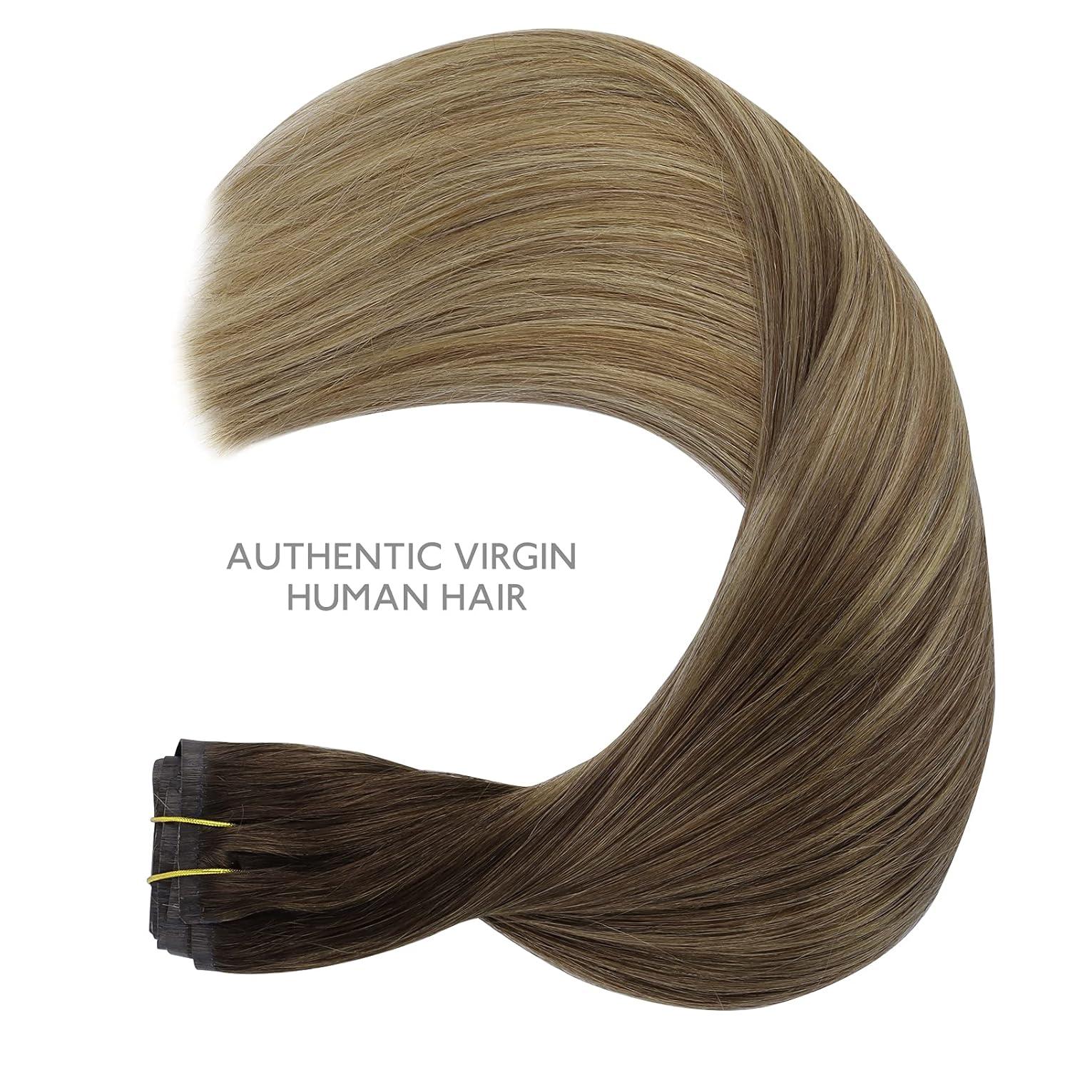 imageWENNALIFE Seamless Clip In Hair Extensions 22 Inch 7pcs 150g Ombre Walnut Brown to Ash Brown and Bleach Blonde Invisible PU Weft Natural Real Human Hair Extensions