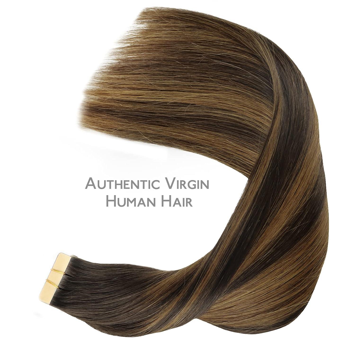 imageWENNALIFE Tape in Hair Extensions Human Hair 20pcs 16 inch 50g Balayage Dark Brown Mixed Chestnut Brown Remy Tape Hair Extensions Real Human Hair Extensions Coloured