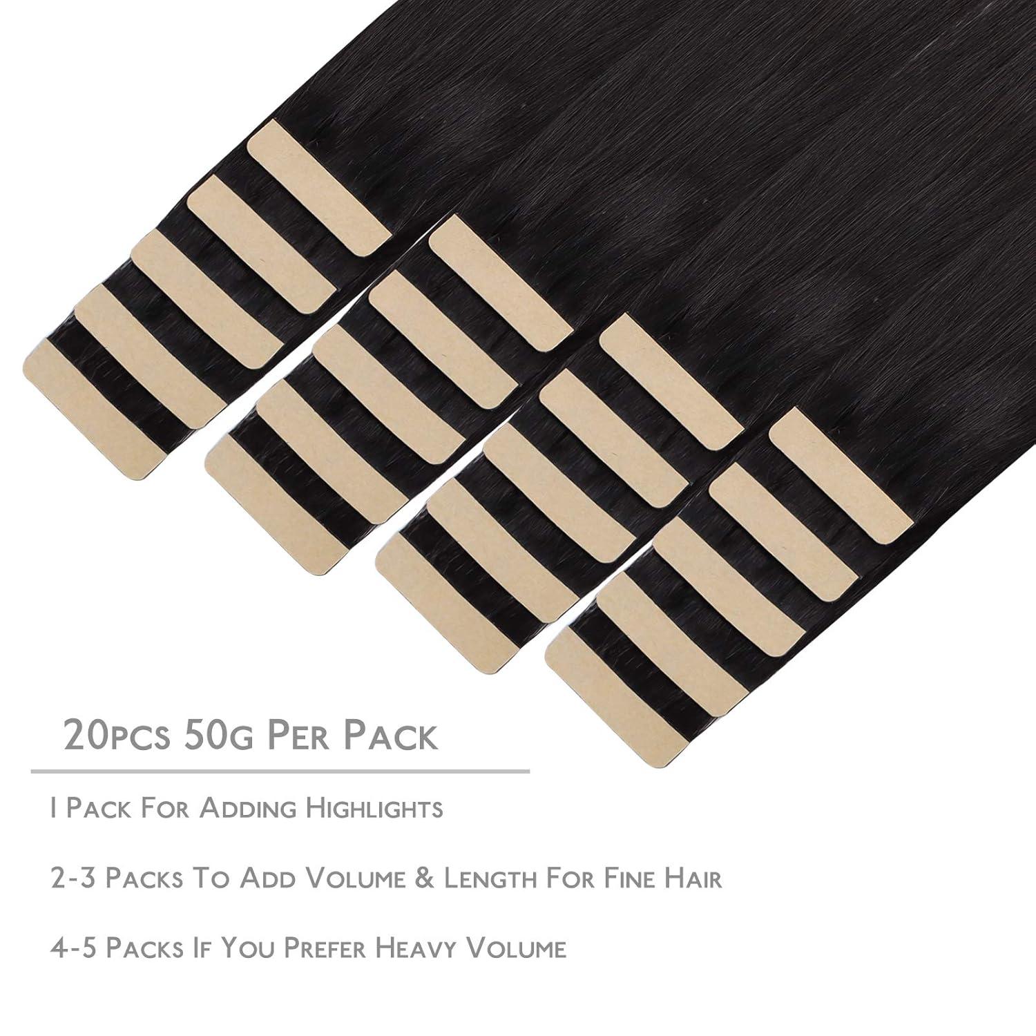 imageWENNALIFE Tape in Hair Extensions Human Hair 20pcs 50g 16 inch Natural Black Remy Hair Extensions Straight Human Hair Tape in Extensions Skin Weft Tape Extensions Human Hair