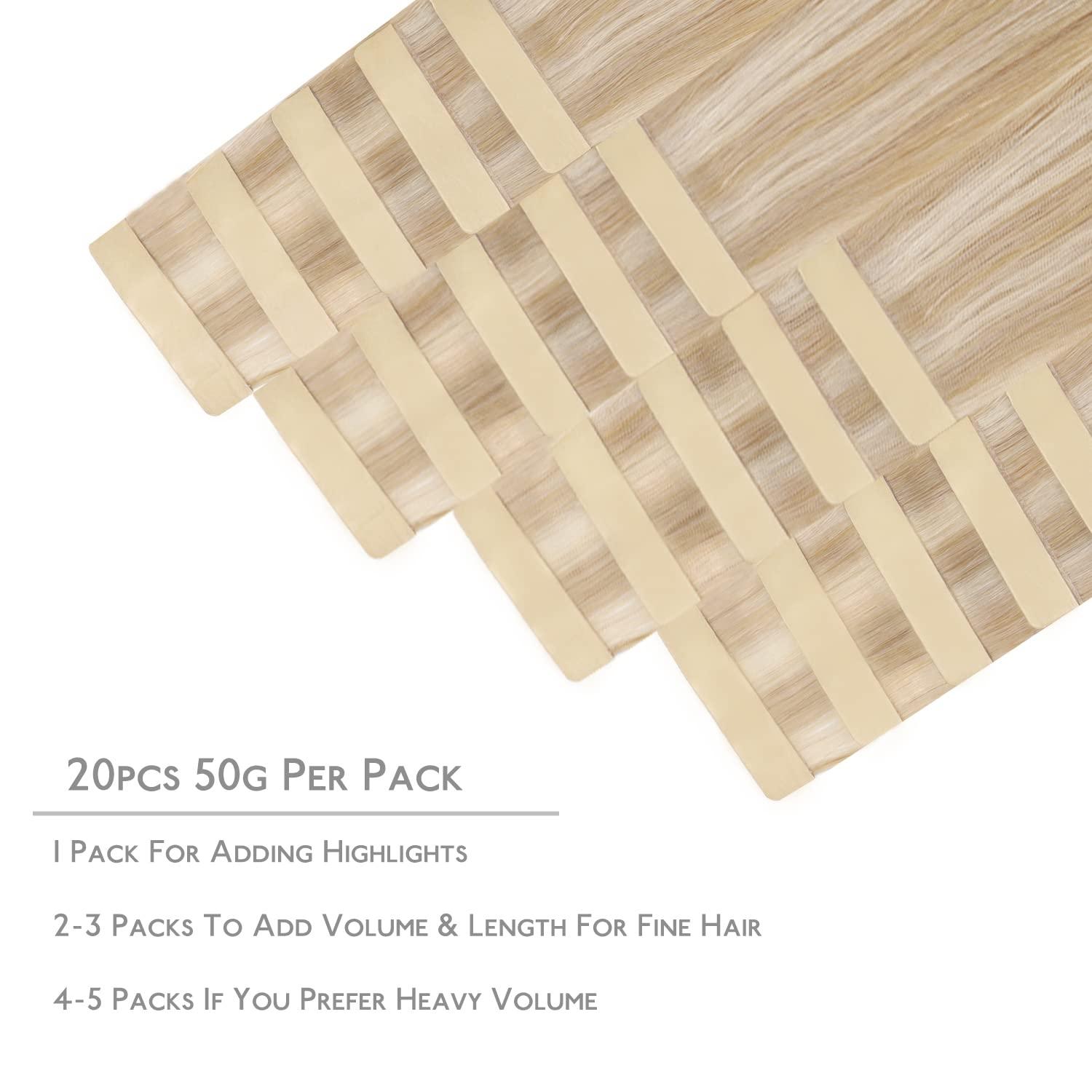 imageWENNALIFE Tape in Hair Extensions Human Hair 20pcs 50g 20 inch Dirty Blonde Highlighted Bleach Blonde Remy Hair Extensions Straight Human Hair Tape in Extensions Skin Weft Extensions Hair