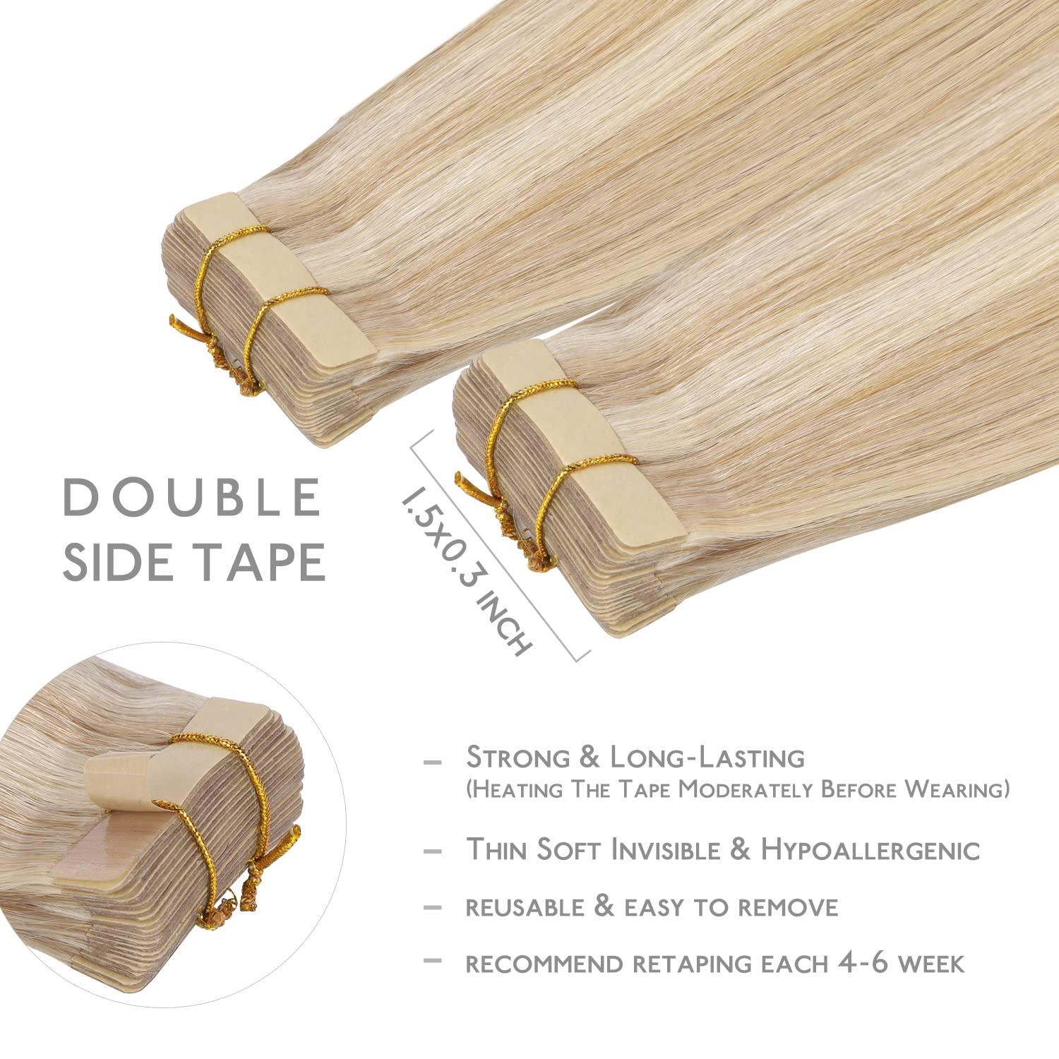 imageWENNALIFE Tape in Hair Extensions Human Hair 20pcs 50g 20 inch Dirty Blonde Highlighted Bleach Blonde Remy Hair Extensions Straight Human Hair Tape in Extensions Skin Weft Extensions Hair