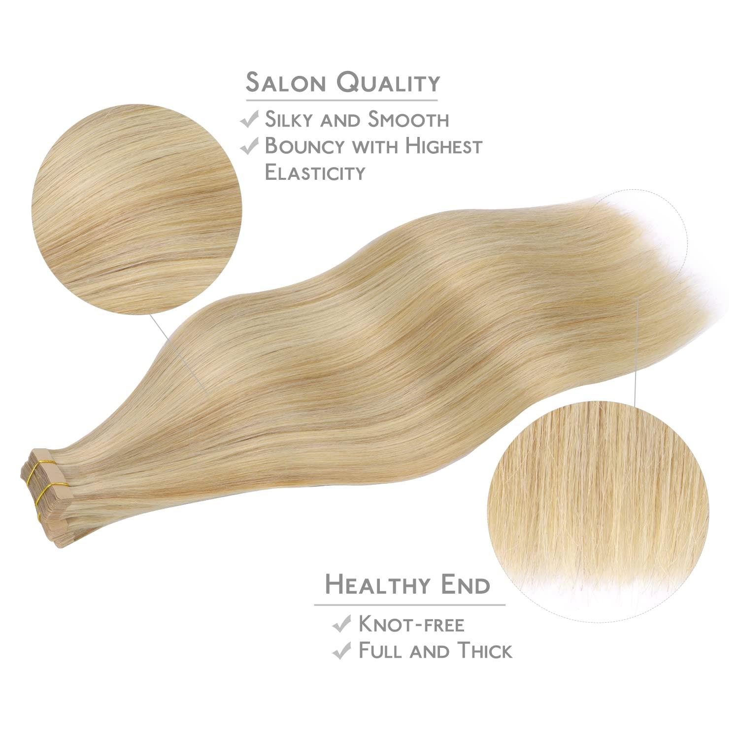 imageWENNALIFE Tape in Hair Extensions Human Hair 20pcs 50g 20 inch Light Blonde Highlighted Golden Blonde Remy Hair Extensions Straight Human Hair Tape in Extensions Skin Weft Tape Extensions Human Hair
