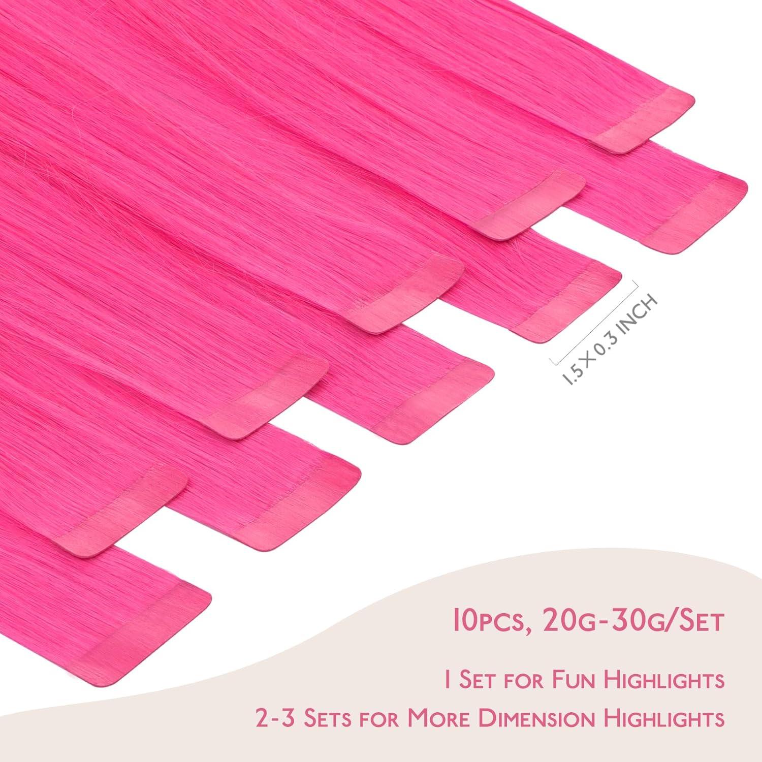 imageWennalife Tape in Hair Extensions Human Hair Hot Pink Tape in Extensions 10pcs 25g 14 inch Remy Invisible Tape Ins Straight Colored Soft Real Human Hair Tape in Extensions Refill Set Extensions