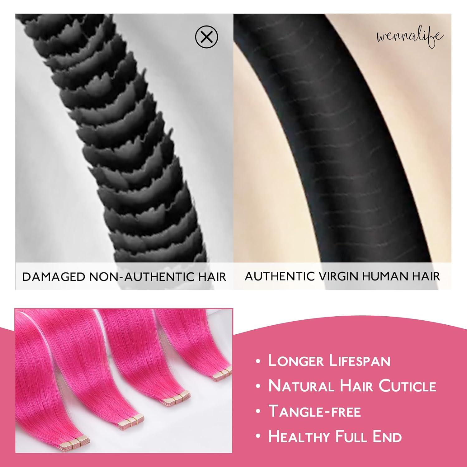 imageWennalife Tape in Hair Extensions Human Hair Hot Pink Tape in Extensions 10pcs 25g 14 inch Remy Invisible Tape Ins Straight Colored Soft Real Human Hair Tape in Extensions Refill Set Extensions