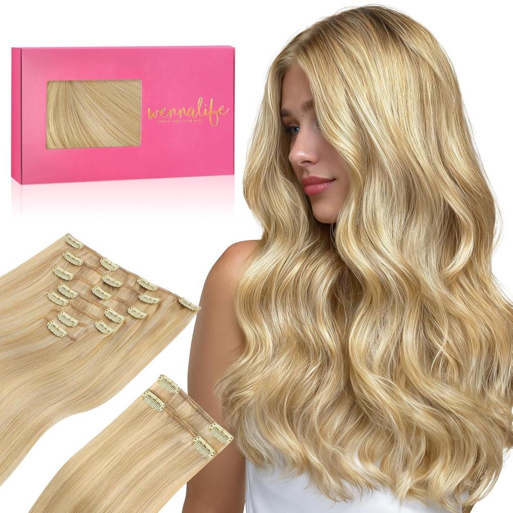 imageWENNALIFE Clip in Hair Extensions 150g 14 Inch 9pcs Light Blonde Highlighted Golden Blonde Human Hair Extensions Thicker Real Human Hair Clip Set Double Weft