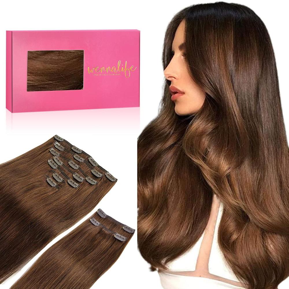 imageWENNALIFE Clip in Hair Extensions 150g 18 Inch 9pcs Chocolate Brown Human Hair Extensions Thicker Clip in Hair Extensions Real Human Hair Clip Set Double Weft