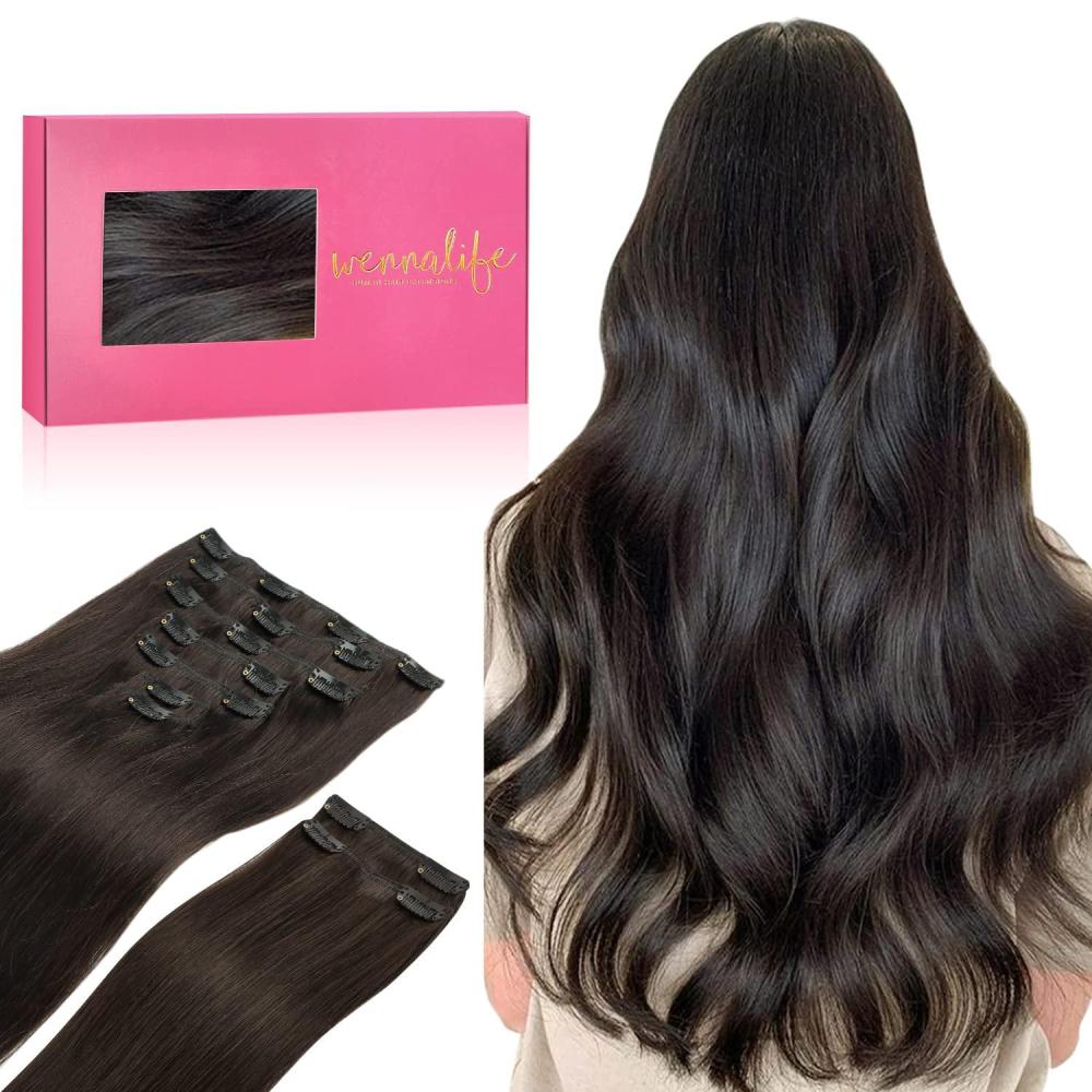 imageWENNALIFE Clip in Hair Extensions 150g 18 Inch 9pcs Dark Brown Human Hair Extensions Thicker Clip in Hair Extensions Real Human Hair Clip Set Double Weft