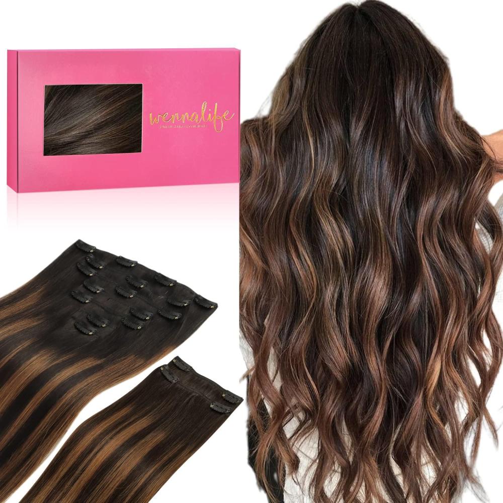 imageWENNALIFE Clip in Hair Extensions 150g 24 Inch 9pcs Balayage Natural Black to Chestnut Brown Remy Hair Thicker Double Weft Extensiones De Cabello Humano Con Clip Ins Straight Full Volume
