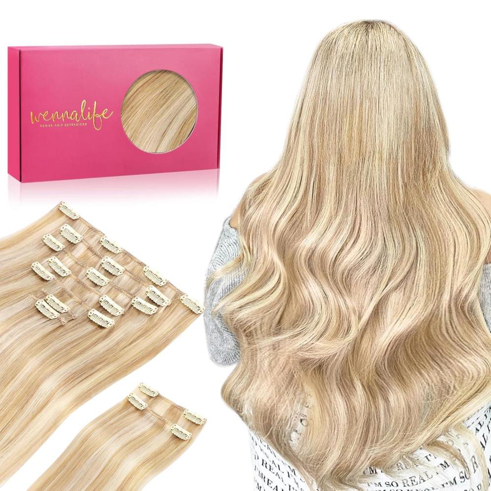 imageWENNALIFE Hair Extensions Clip In 9pcs 18inch 150g Dirty Blonde Highlighted Bleach Blonde Thicker Clip In Hair Extensions Real Human Hair Remy hair extension Double Weft Clip in Human Hair Extensions