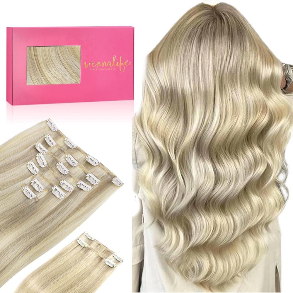 imageWENNALIFE Hair Extensions Clip In 9pcs 22inch 150g Ash Blonde Highlighted Platinum Blonde Thicker Clip In Hair Extensions Real Human Hair Remy hair extension Double Weft Clip in Human Hair Extensions