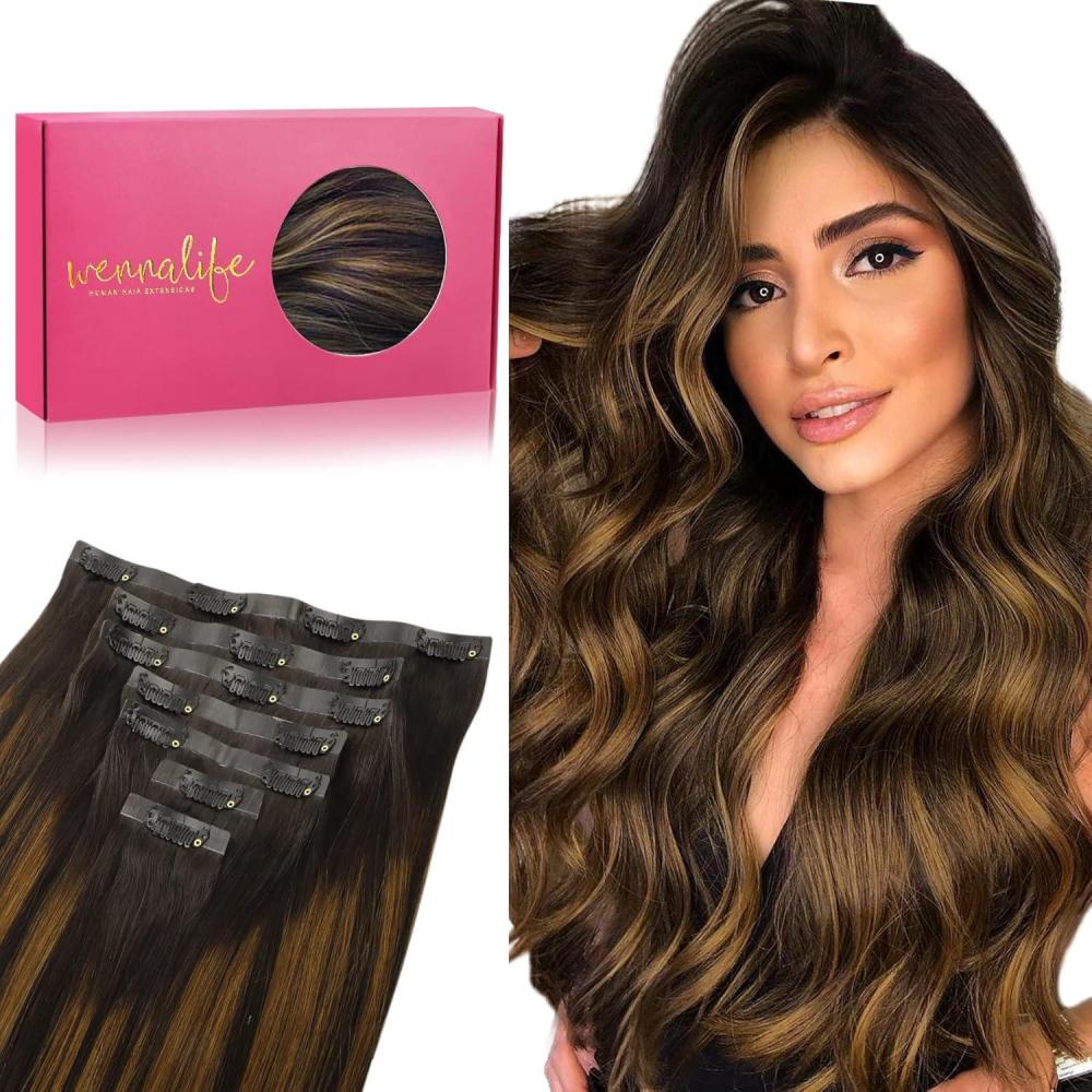 imageWENNALIFE Seamless Clip In Hair Extensions 14 Inch 130g 7pcs Balayage Dark Brown to Chestnut Brown Hair Extensions Clip in Human Hair Invisible PU Skin Weft Natural Remy Human Hair Extensions