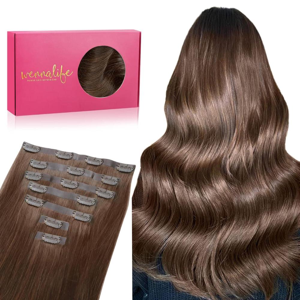 imageWENNALIFE Seamless Clip In Hair Extensions 16 Inch 130g 7pcs Chocolate Brown Hair Extensions Clip in Human Hair Invisible PU Skin Weft Natural Remy Human Hair Extensions