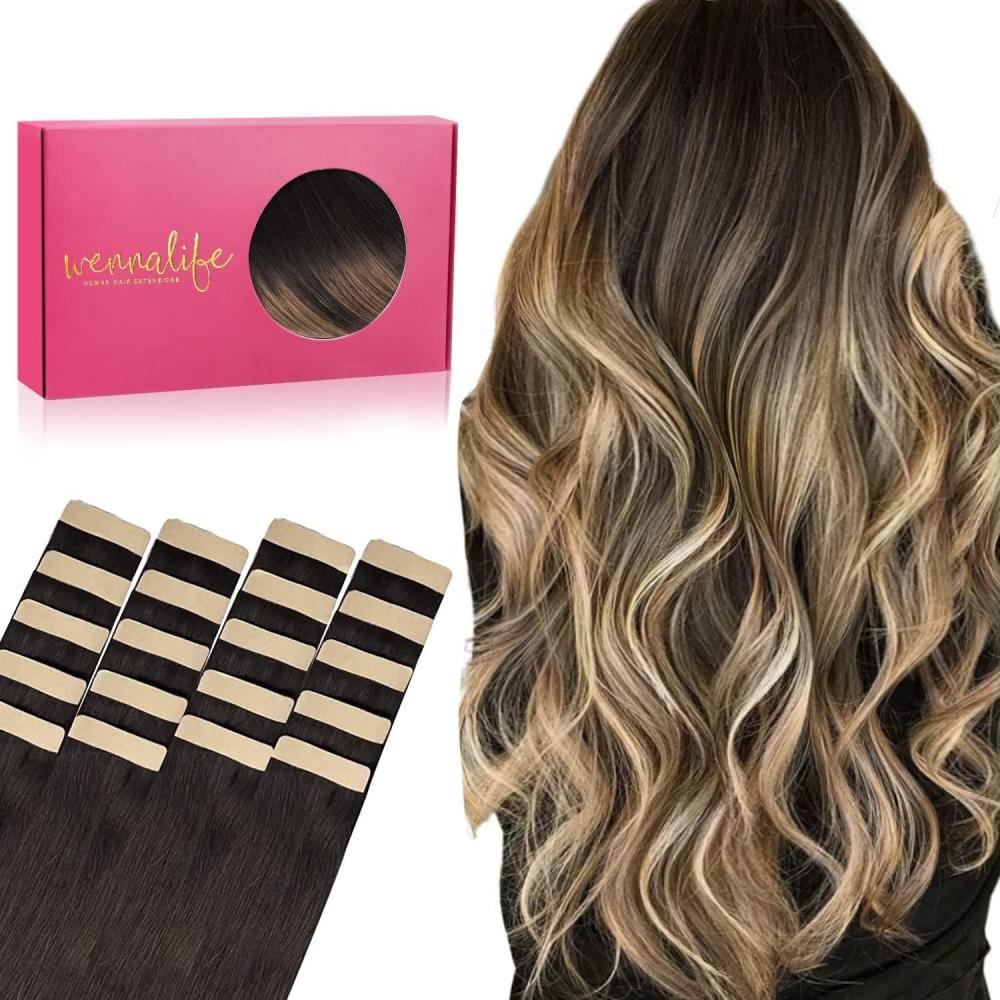 imageWENNALIFE Tape in Hair Extensions 20pcs 14 Inch 50g Dark Brown to Chestnut Brown and Dirty Blonde Remy Human Hair Coloured Tape Extensions