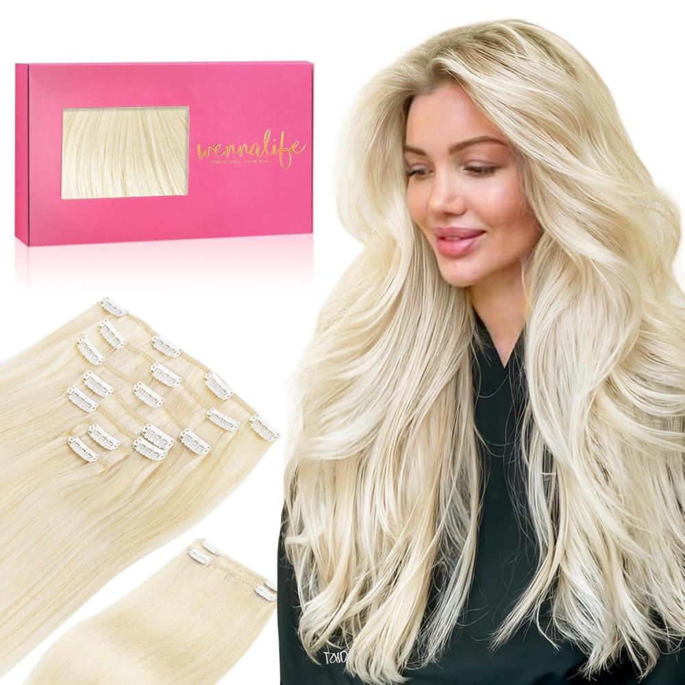 imageWennalife Clip in Human Hair Extensions 18 Inch 150g 9pcs Clip in Hair Extensions Real Human Hair Platinum Blonde Human Hair Clip in Extensions Remy Human Hair Extensions Clip Ins Double Weft