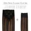 WENNALIFE Clip in Hair Extensions, 150g 14 Inch 9pcs Balayage Natural Black to Chestnut Brown Remy Hair Thicker Double Weft Extensiones De Cabello Humano Con Clip Ins Straight Full Volume