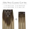 WENNALIFE Clip in Hair Extensions, 150g 20 Inch 9pcs Ombre Walnut Brown to Ash Brown and Bleach Blonde Human Hair Extensions Thicker Clip in Hair Extensions Real Human Hair Clip Set Double Weft