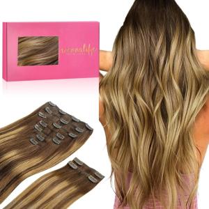 WENNALIFE Balayage Chocolate Brown to Caramel Blonde Human Hair Extensions, 150g 20 Inch 9pcs Thicker Clip-in Real Hair Clip Set Double Weft