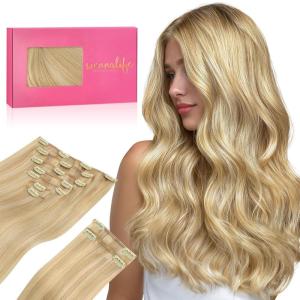 WENNALIFE Clip in Hair Extensions, 150g 14 Inch 9pcs Light Blonde Highlighted Golden Blonde Human Hair Extensions Thicker Real Human Hair Clip Set Double Weft