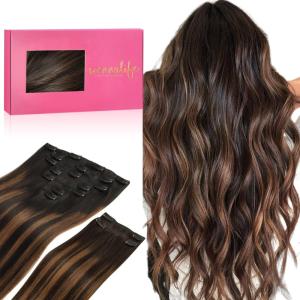 WENNALIFE Clip in Hair Extensions, 150g 16 Inch 9pcs Balayage Natural Black to Chestnut Brown Remy Hair Thicker Double Weft Extensiones De Cabello Humano Con Clip Ins Straight Full Volume