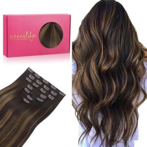 WENNALIFE Clip in Hair Extensions Real Human Hair, 14 Inch 120g 7pcs Dark Brown to Chestnut Brown Balayage Remy Hair Double Weft Reusable