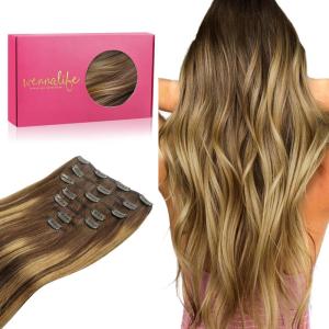 WENNALIFE Clip in Hair Extensions Real Human Hair, 16 Inch 120g 7pcs Balayage Chocolate Brown to Caramel Blonde Hair Extensions Clip in Human Hair Remy Clip in Hair Extensions Real Human Hair