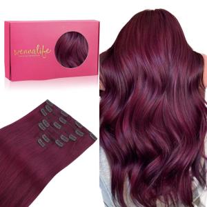 WENNALIFE Clip in Hair Extensions Real Human Hair, 16 Inch 120g 7pcs Human Hair Extensions Clip In Human Hair, Light Burgundy Hair Extensions Clip In Real Hair Coloured Remy Human Hair Extensions