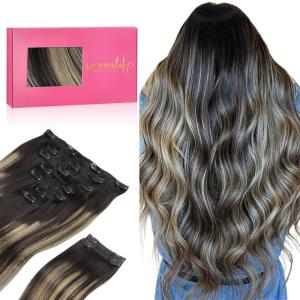 WENNALIFE Clip in Hair Extensions Real Human Hair, 16 Inch 150g 9pcs Balayage Natural Black to Light Blonde Remy Hair Thicker Double Weft Extensiones De Cabello Humano Con Clip Ins Straight Full