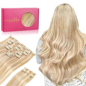 WENNALIFE Hair Extensions Clip In, 9pcs 20inch 150g Dirty Blonde Highlighted Bleach Blonde Thicker Clip In Hair Extensions Real Human Hair Remy hair extension Double Weft Clip in Human Hair Extensions