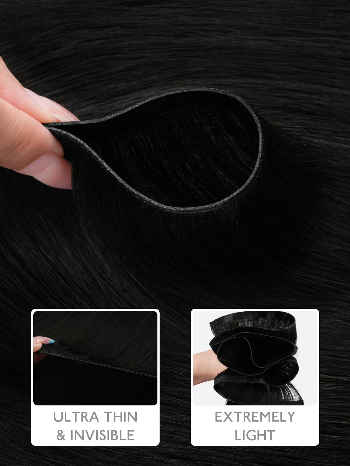 imageWENNALIFE Genius Weft Tape in Hair Extensions Human Hair 18 inch 50g Balayage Dark Brown Mixed Chestnut Brown Tape Ins Luxury Remy Hair Extensions Invisible Fuller Volume Reusable 31 Wide Weft1 Jet Black