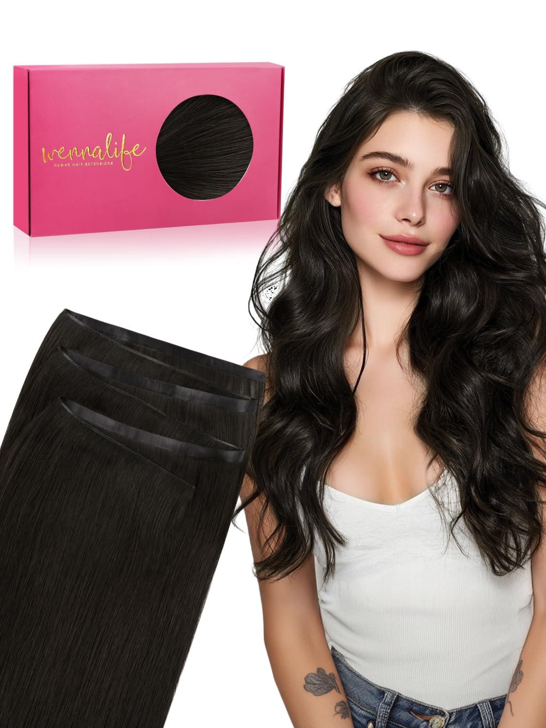 imageWENNALIFE Genius Weft Tape in Hair Extensions Human Hair 18 inch 50g Balayage Dark Brown Mixed Chestnut Brown Tape Ins Luxury Remy Hair Extensions Invisible Fuller Volume Reusable 31 Wide Weft1 Jet Black