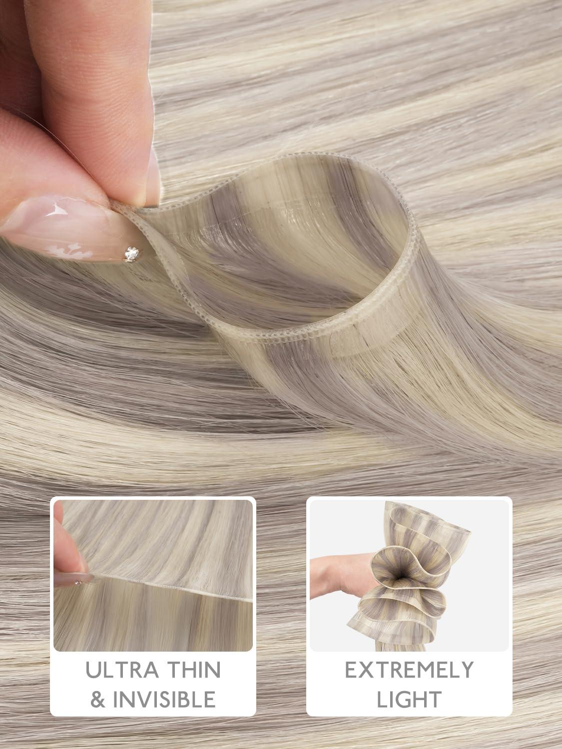 imageWENNALIFE Genius Weft Tape in Hair Extensions Human Hair 18 inch 50g Balayage Dark Brown Mixed Chestnut Brown Tape Ins Luxury Remy Hair Extensions Invisible Fuller Volume Reusable 31 Wide Weft17A60A Ash Blonde Highlighted Platinum Blonde