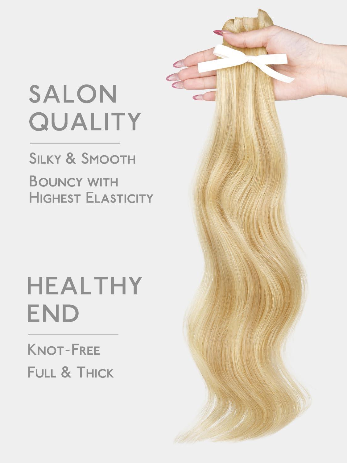 imageWENNALIFE Genius Weft Tape in Hair Extensions Human Hair 18 inch 50g Balayage Dark Brown Mixed Chestnut Brown Tape Ins Luxury Remy Hair Extensions Invisible Fuller Volume Reusable 31 Wide Weft1622 Light Blonde Highlighted Golden Blonde