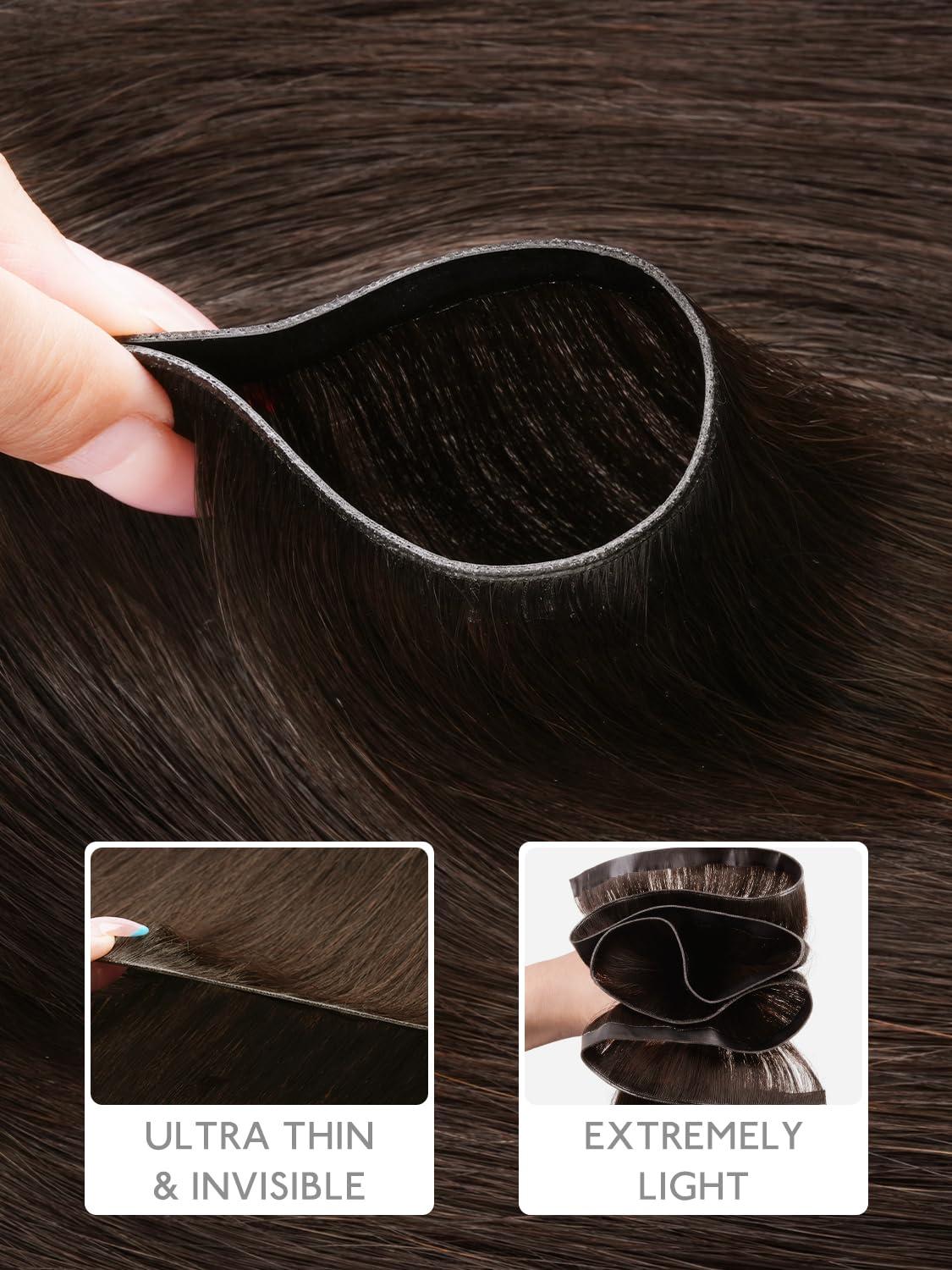 imageWENNALIFE Genius Weft Tape in Hair Extensions Human Hair 18 inch 50g Balayage Dark Brown Mixed Chestnut Brown Tape Ins Luxury Remy Hair Extensions Invisible Fuller Volume Reusable 31 Wide Weft4 Chocolate Brown