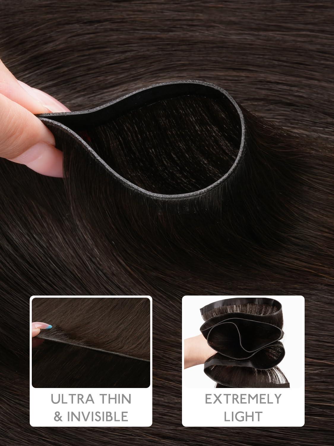 imageWENNALIFE Genius Weft Tape in Hair Extensions Human Hair 18 inch 50g Balayage Dark Brown Mixed Chestnut Brown Tape Ins Luxury Remy Hair Extensions Invisible Fuller Volume Reusable 31 Wide Weft2A Light Dark Brown