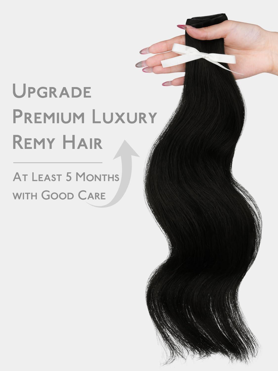 imageWENNALIFE Genius Weft Tape in Hair Extensions Human Hair 18 inch 50g Balayage Dark Brown Mixed Chestnut Brown Tape Ins Luxury Remy Hair Extensions Invisible Fuller Volume Reusable 31 Wide Weft1 Jet Black