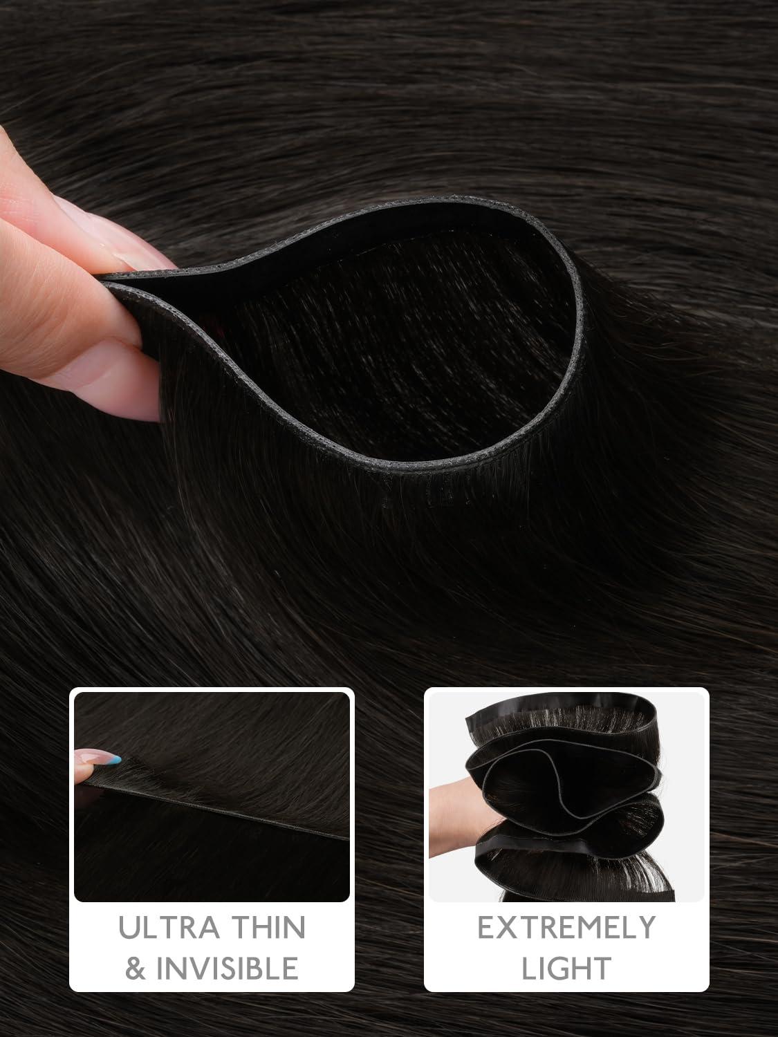 imageWENNALIFE Genius Weft Tape in Hair Extensions Human Hair 18 inch 50g Balayage Dark Brown Mixed Chestnut Brown Tape Ins Luxury Remy Hair Extensions Invisible Fuller Volume Reusable 31 Wide Weft1 Jet Black