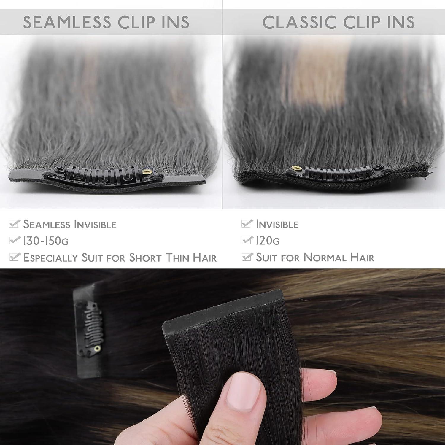 imageWENNALIFE Seamless Clip In Hair Extensions 14 Inch 130g 7pcs Natural Black Mixed Chestnut Brown Hair Extensions Clip in Human Hair Invisible PU Skin Weft Natural Remy Human Hair Extensions