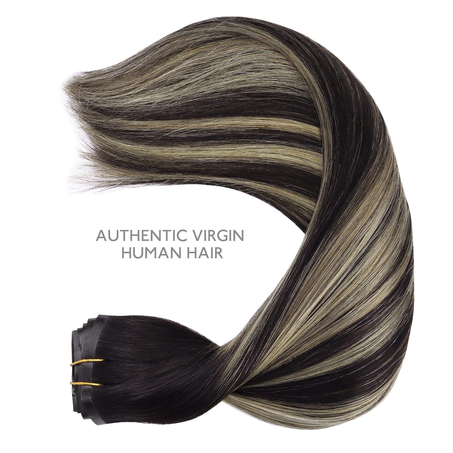 imageWENNALIFE Seamless Clip In Hair Extensions 18 Inch 130g 7pcs Natural Black to Light Blonde Hair Extensions Clip in Human Hair Invisible PU Skin Weft Natural Remy Human Hair Extensions