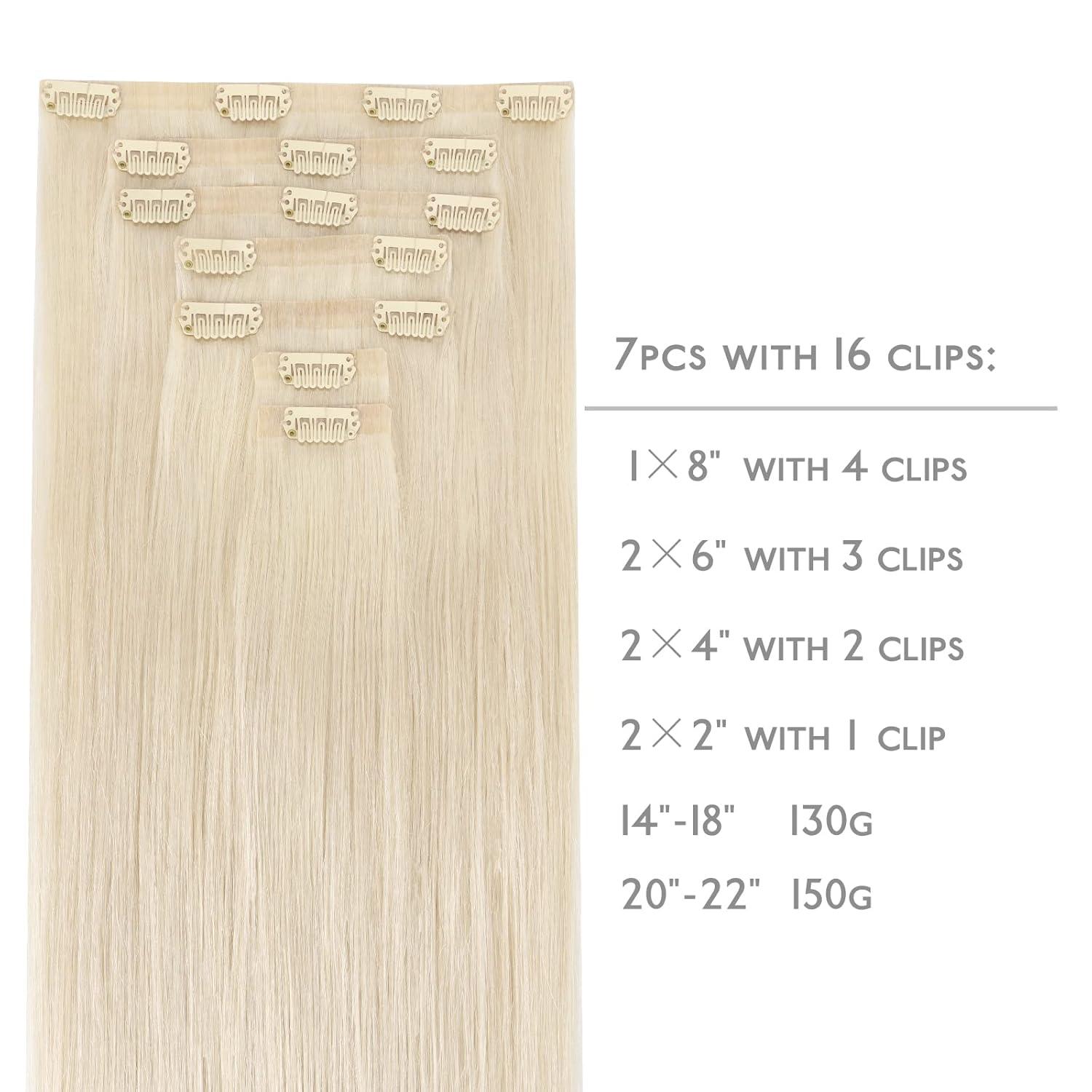 imageWENNALIFE Seamless Clip In Hair Extensions Human Hair 16 Inch 130g 7pcs Platinum Blonde Real Hair Extensions Clip in Human Hair Invisible PU Skin Weft Natural Remy Human Hair Extensions