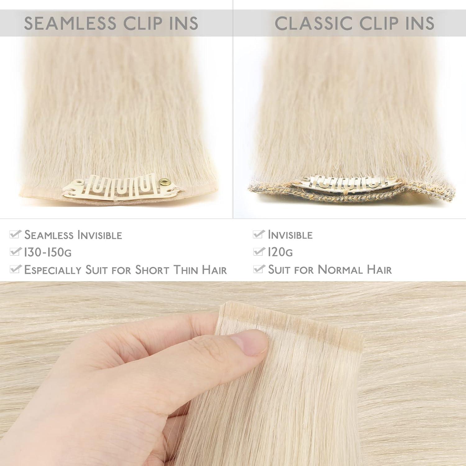 imageWENNALIFE Seamless Clip In Hair Extensions Human Hair 16 Inch 130g 7pcs Platinum Blonde Real Hair Extensions Clip in Human Hair Invisible PU Skin Weft Natural Remy Human Hair Extensions