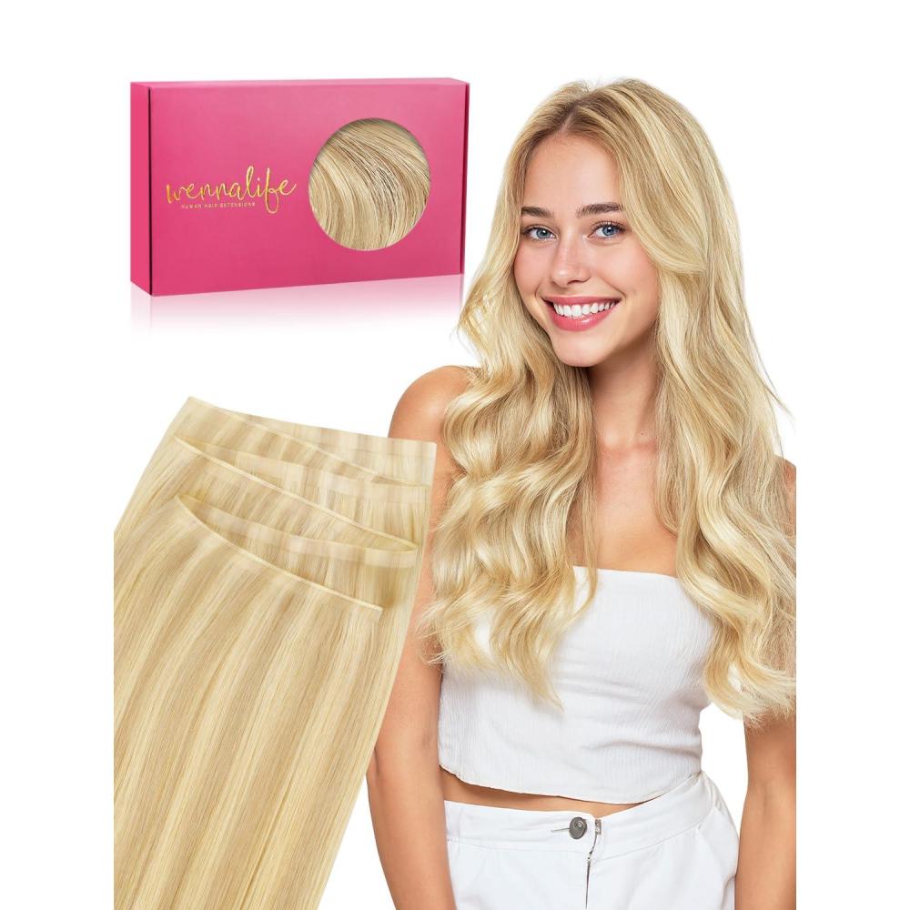 imageWENNALIFE Genius Weft Tape in Hair Extensions Human Hair 18 inch 50g Balayage Dark Brown Mixed Chestnut Brown Tape Ins Luxury Remy Hair Extensions Invisible Fuller Volume Reusable 31 Wide Weft1622 Light Blonde Highlighted Golden Blonde